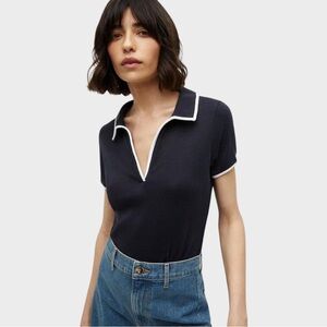 $198 New VERONICA BEARD Kearney Contrast Trim Polo Tee Sz S Blue